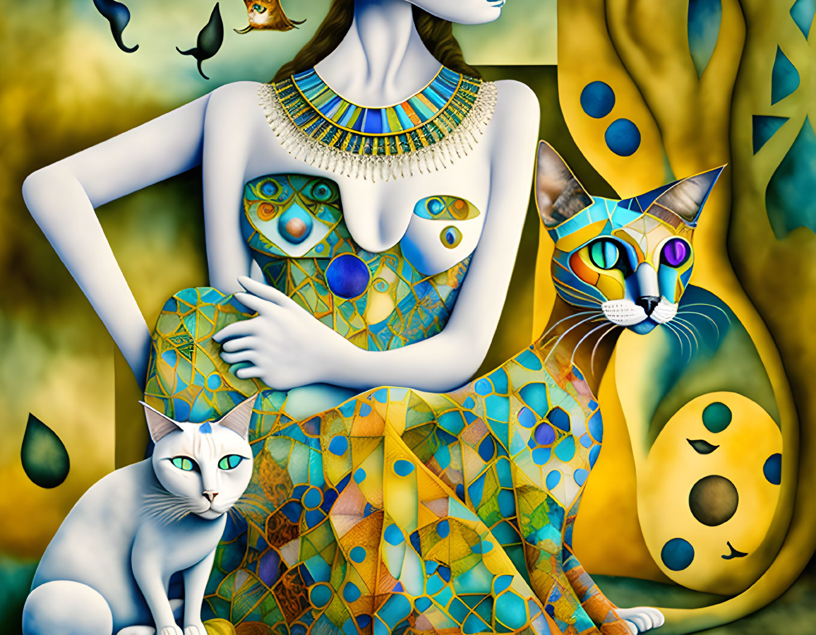 Colorful artwork of seated woman with patterned skin and attire, two cats, vibrant abstract background