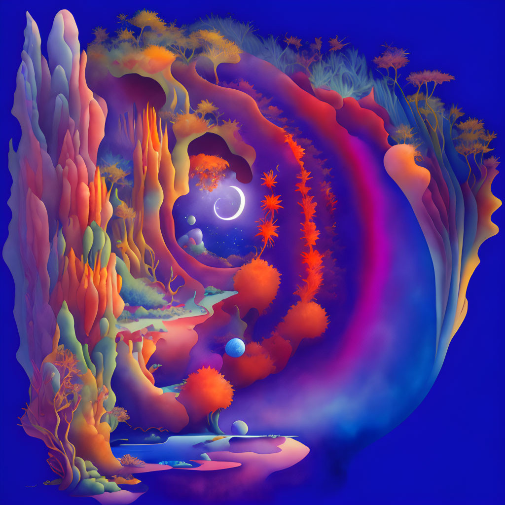 Colorful surreal landscape with swirling patterns and celestial elements on dark blue background