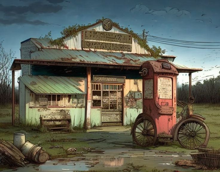 Abandoned shop with faded sign, overgrown grass, and rusty gas pump