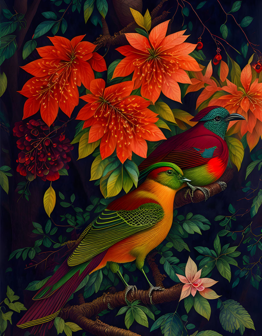 Vibrantly colored birds in lush flora with orange flowers and red berries