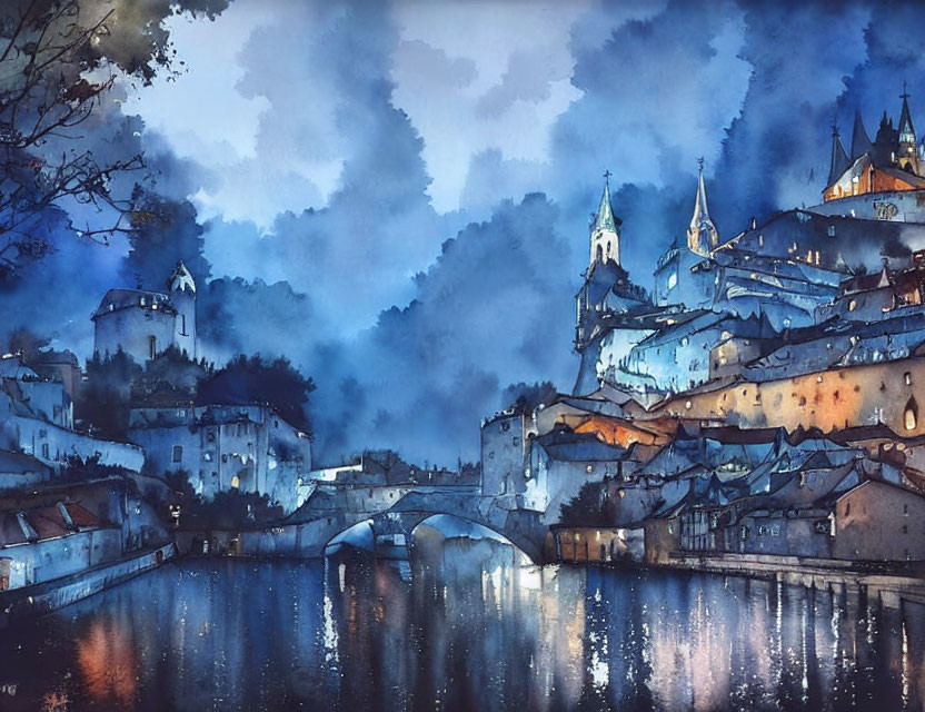 European town watercolor painting: river, bridge, castle buildings, dusk sky