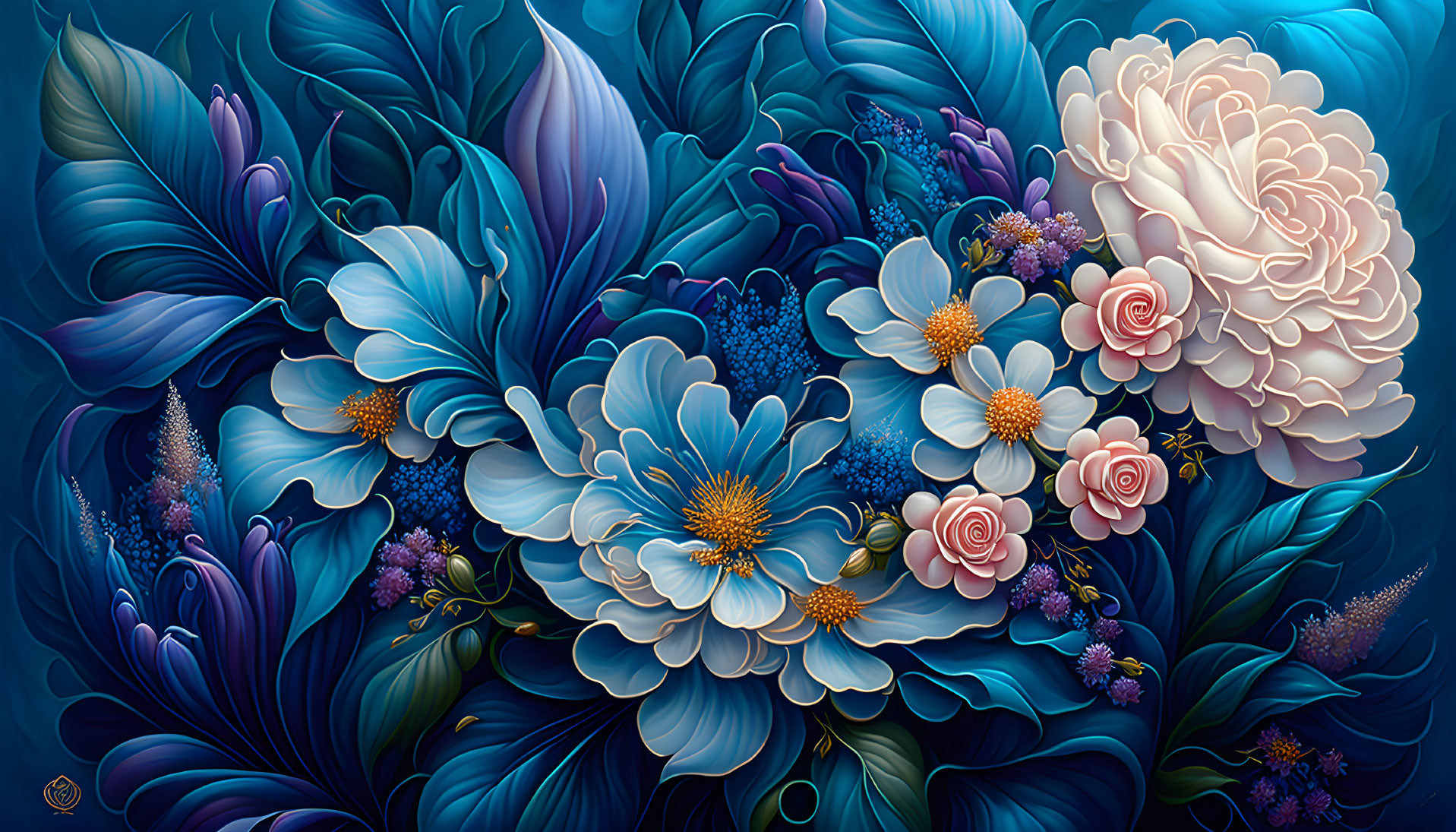 Colorful digital artwork: Blue and white stylized flowers with intricate petals.