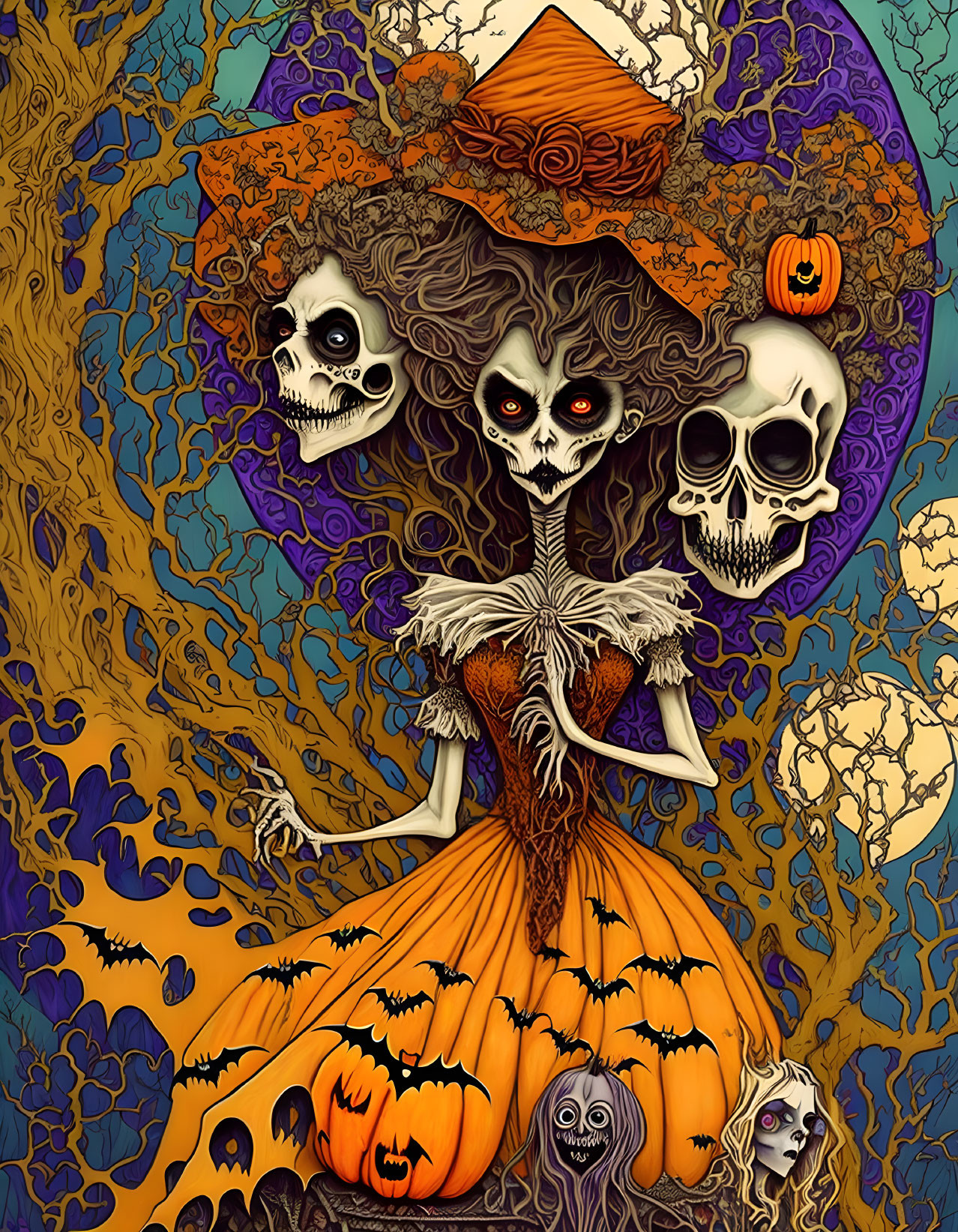 Colorful skeletal figure in pumpkin dress among eerie faces and twisted trees.