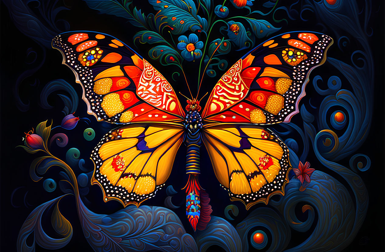 Colorful Butterfly Illustration with Detailed Patterns on Dark Background