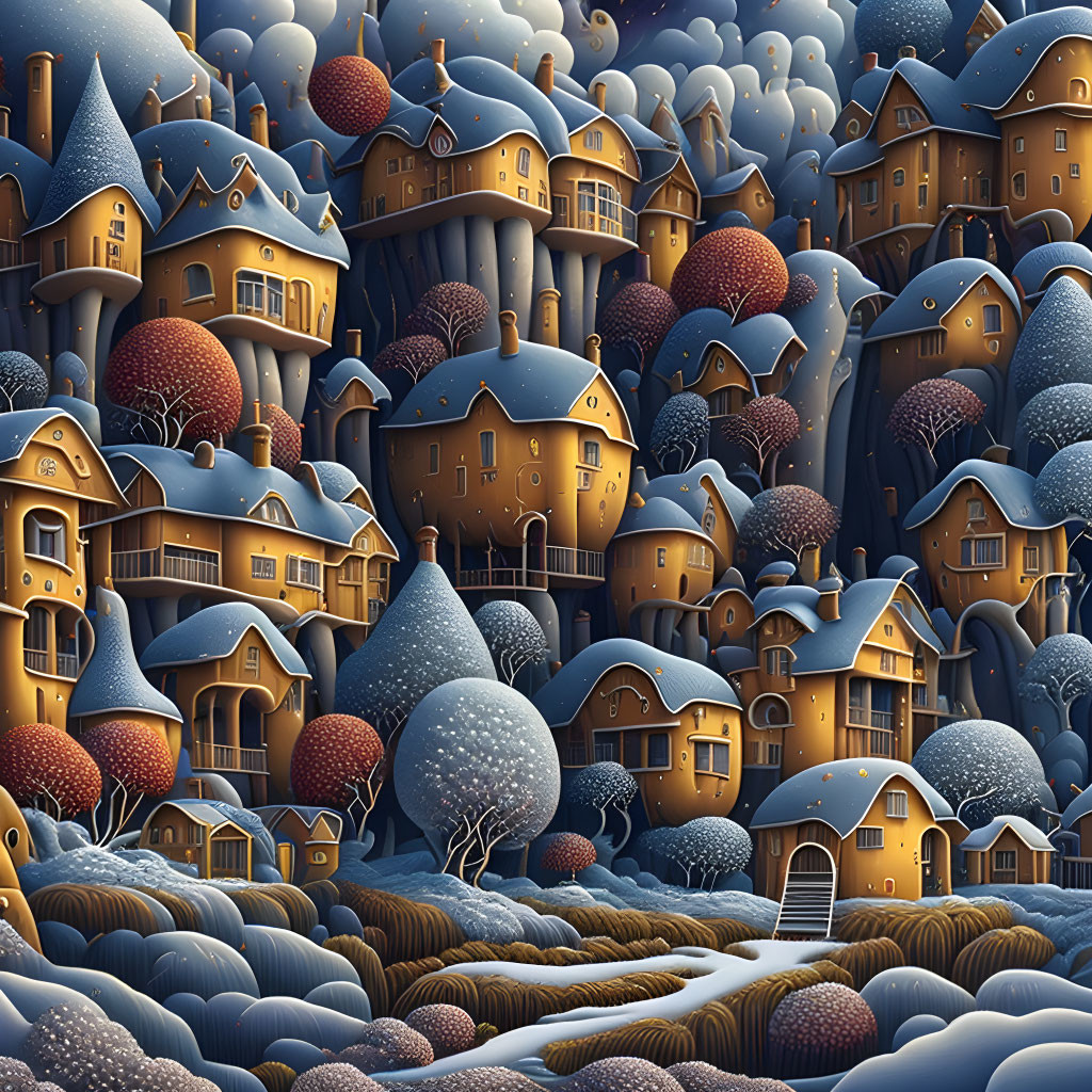 Snow-covered village with cozy houses and spherical trees at twilight