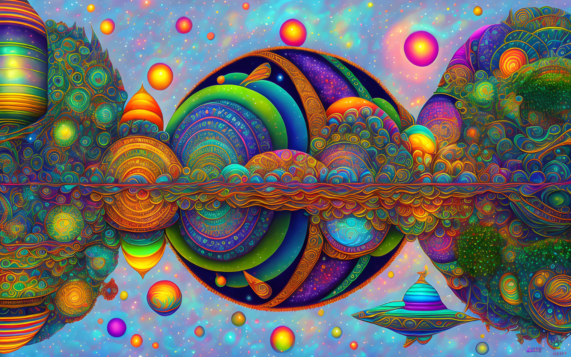 Colorful Psychedelic Art with Celestial Spheres and UFO on Starry Background