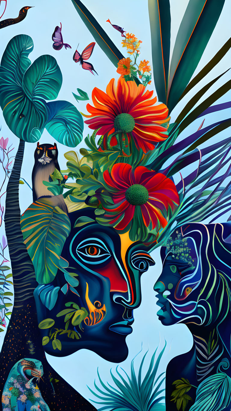 Colorful illustration: Overlapped face profiles with nature elements in vibrant blues and oranges