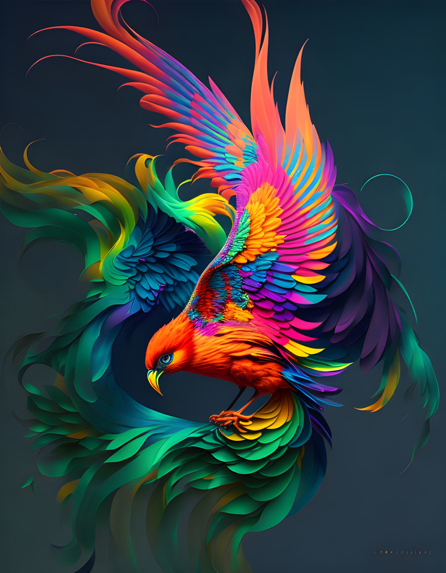 Colorful digital artwork of a fantastical bird with rainbow-hued wings