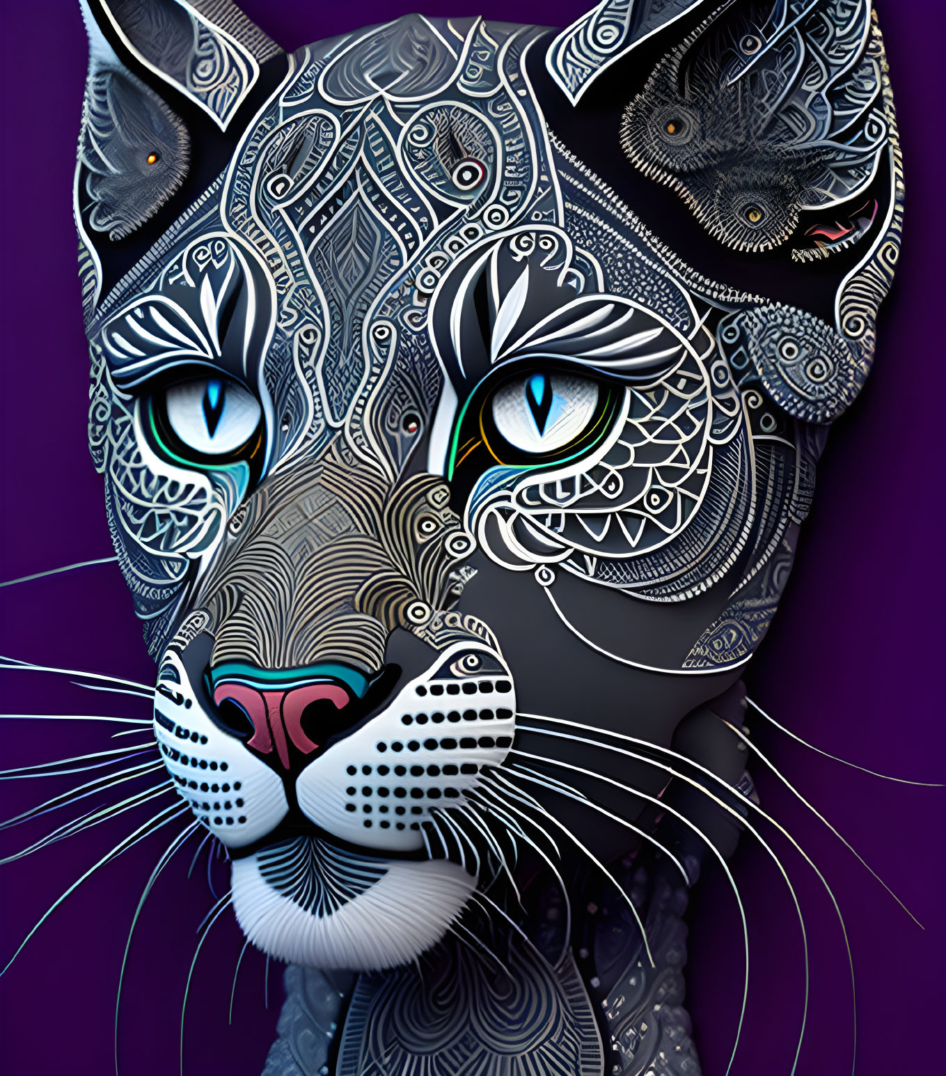 Panther digital illustration with white tribal patterns and blue eyes on purple background