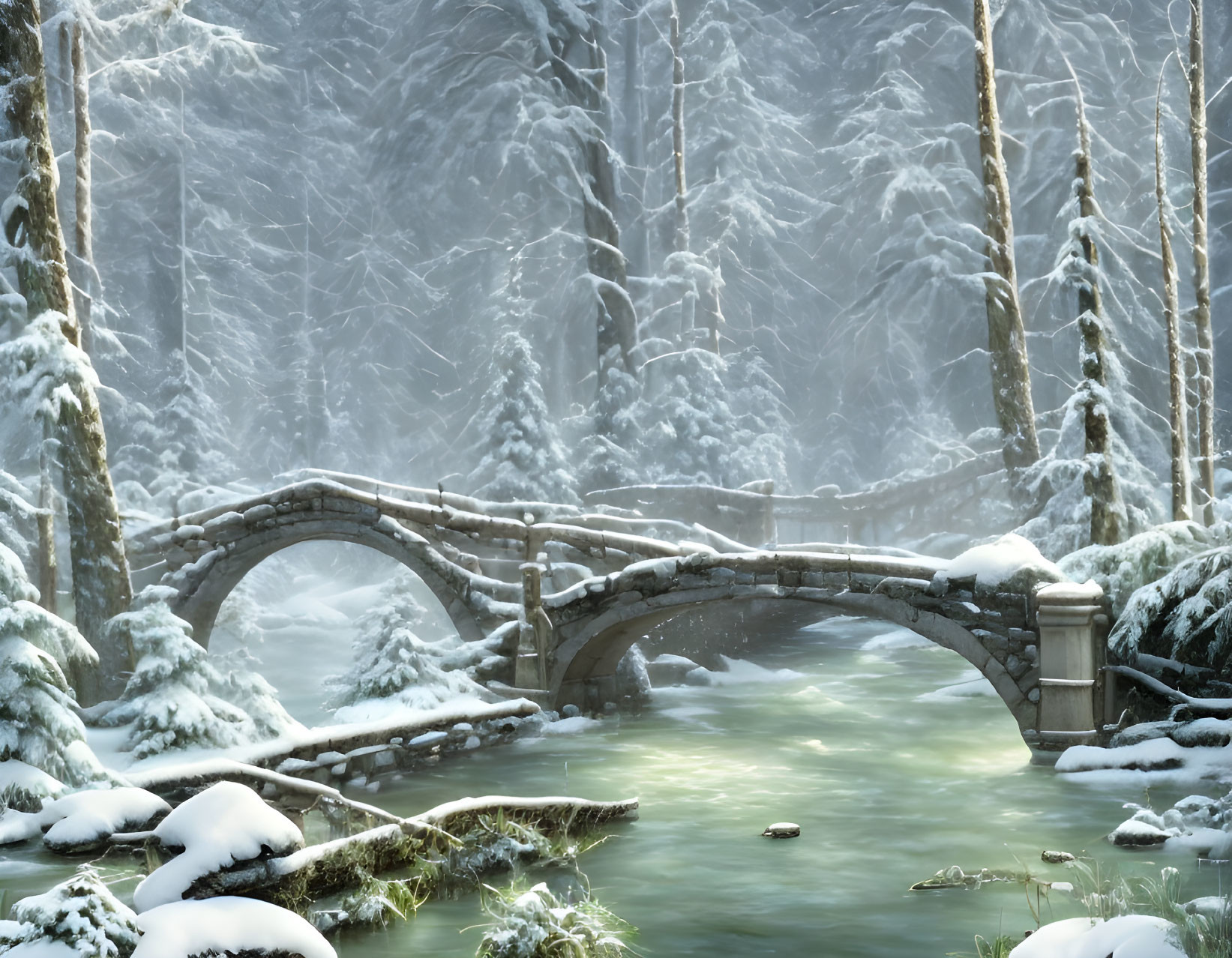 Snow-covered stone bridge over calm stream in serene winter scene