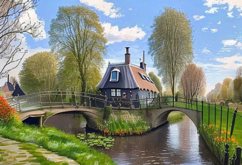 Thatched-Roof Cottage by Canal with Small Bridge