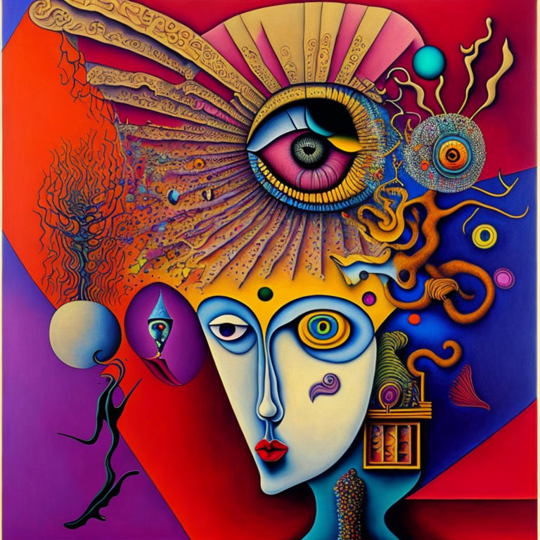 Colorful Surrealistic Painting with Abstract Face and Symbolic Elements