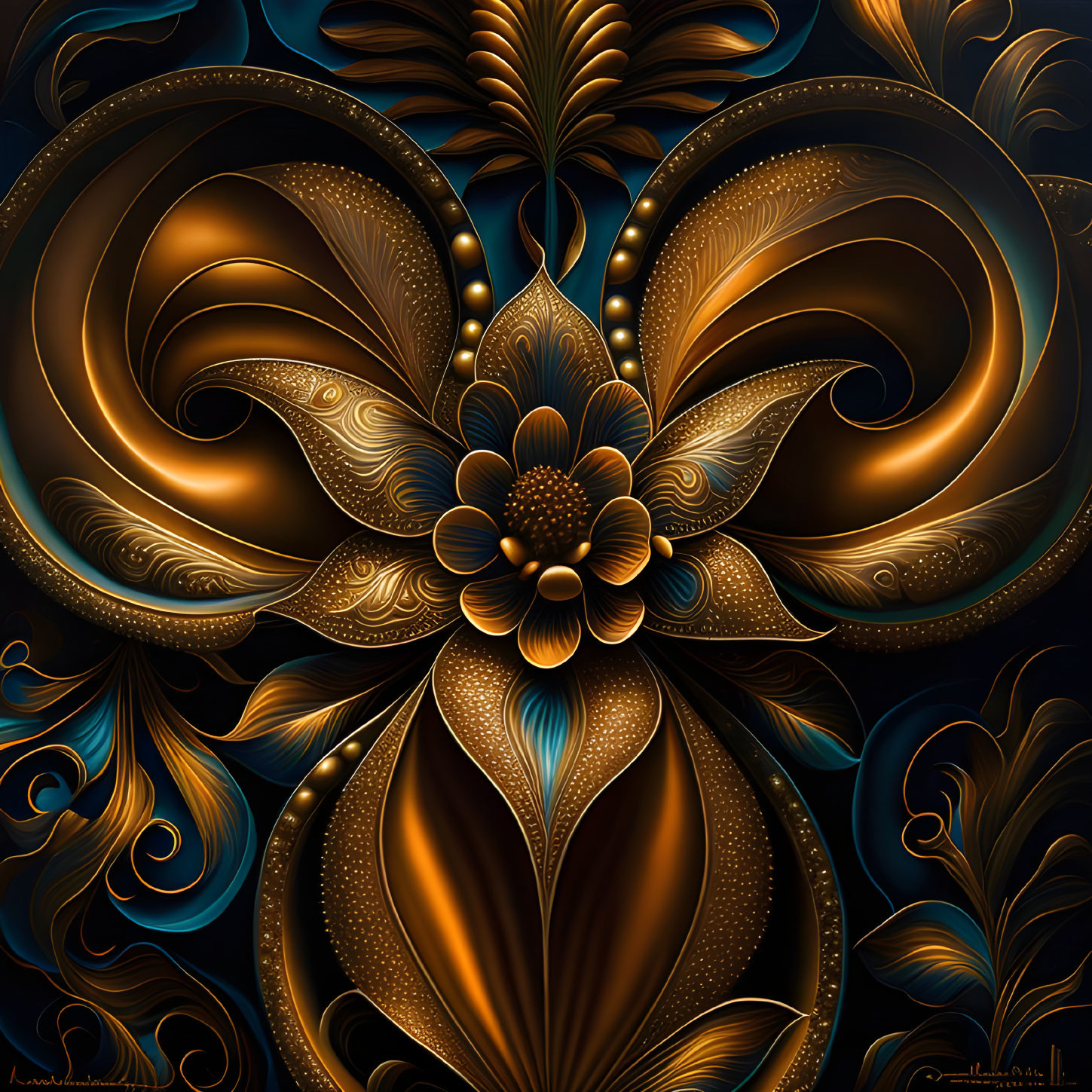 Detailed gold and blue floral digital art on dark background