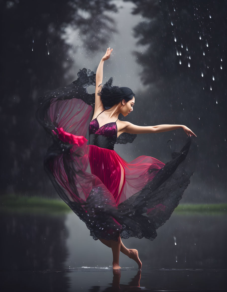 Woman in Red and Black Dress Dancing in Rainy Background