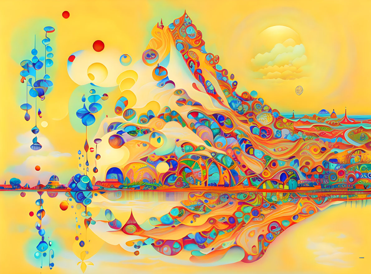 Colorful Psychedelic Landscape with Whimsical Structures and Reflective Water