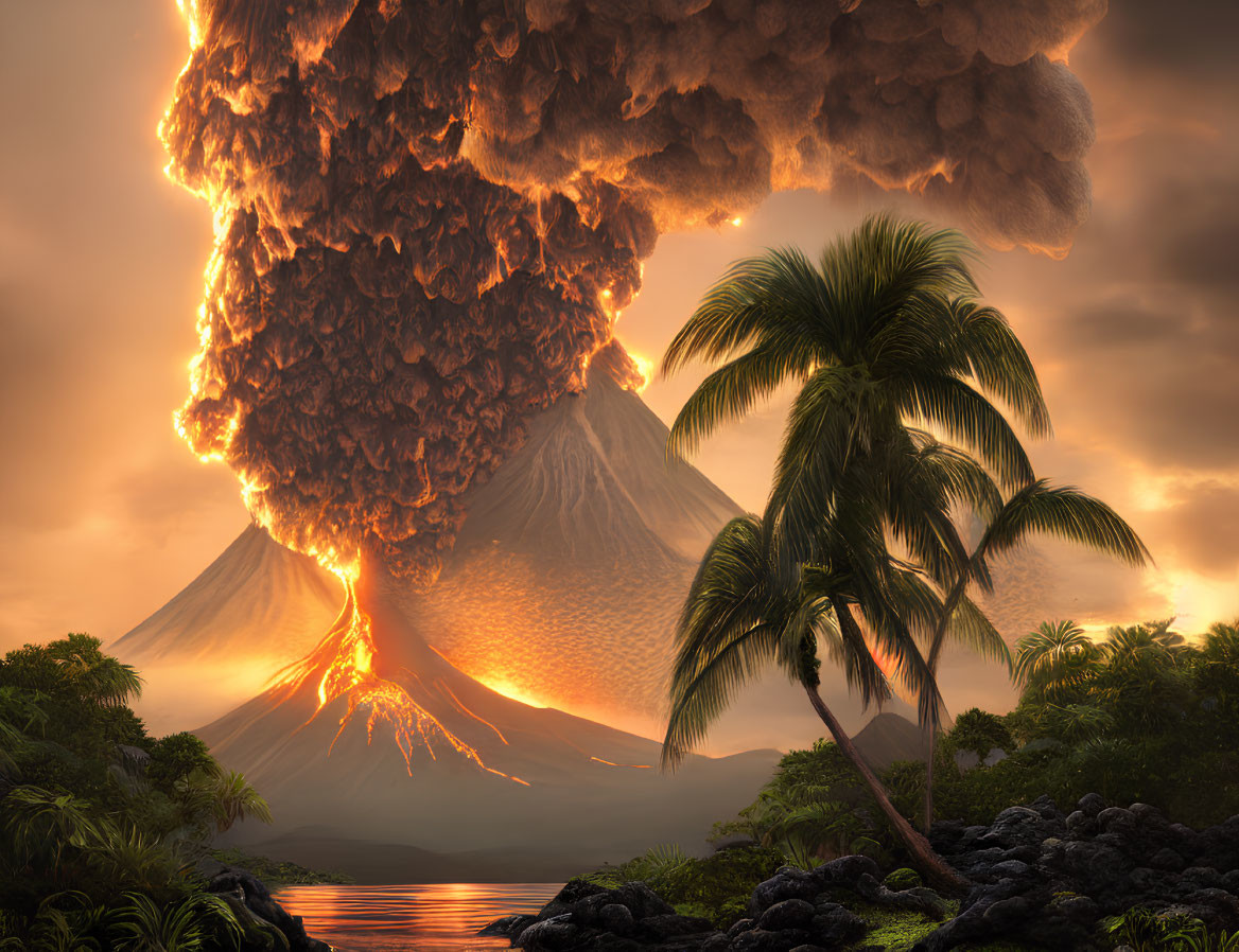 Volcanic eruption with lava flow and ash plume at sunset