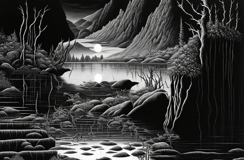 Serene monochrome landscape with lake, hills, full moon, trees, and reflective water.