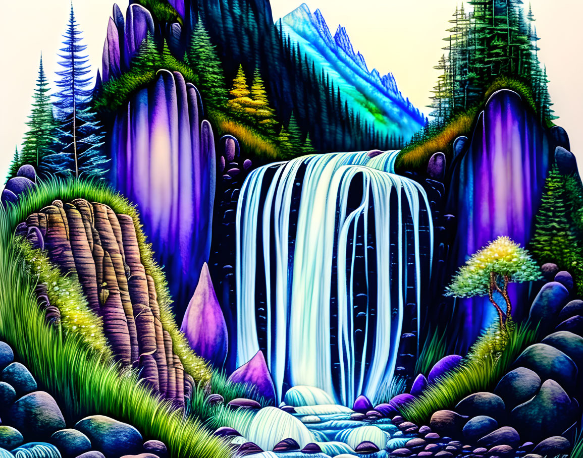 Surreal artwork: Cascading waterfall, purple cliffs, pine trees, blue mountain