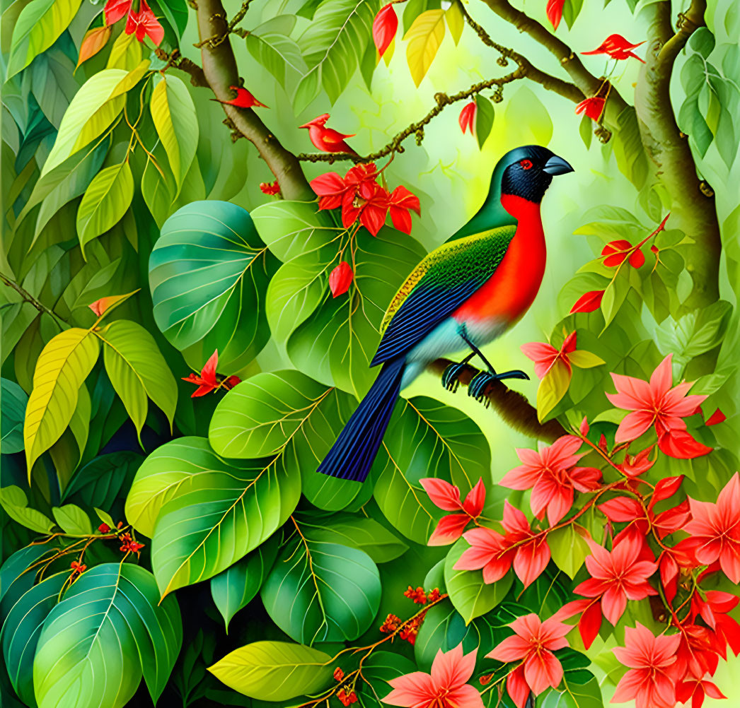 Colorful bird perched on branch in lush foliage