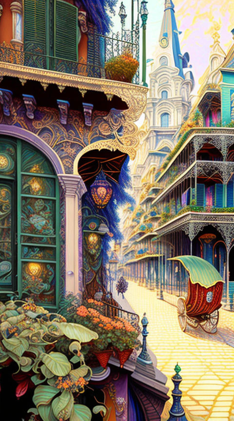 Whimsical street illustration with ornate buildings and carriage