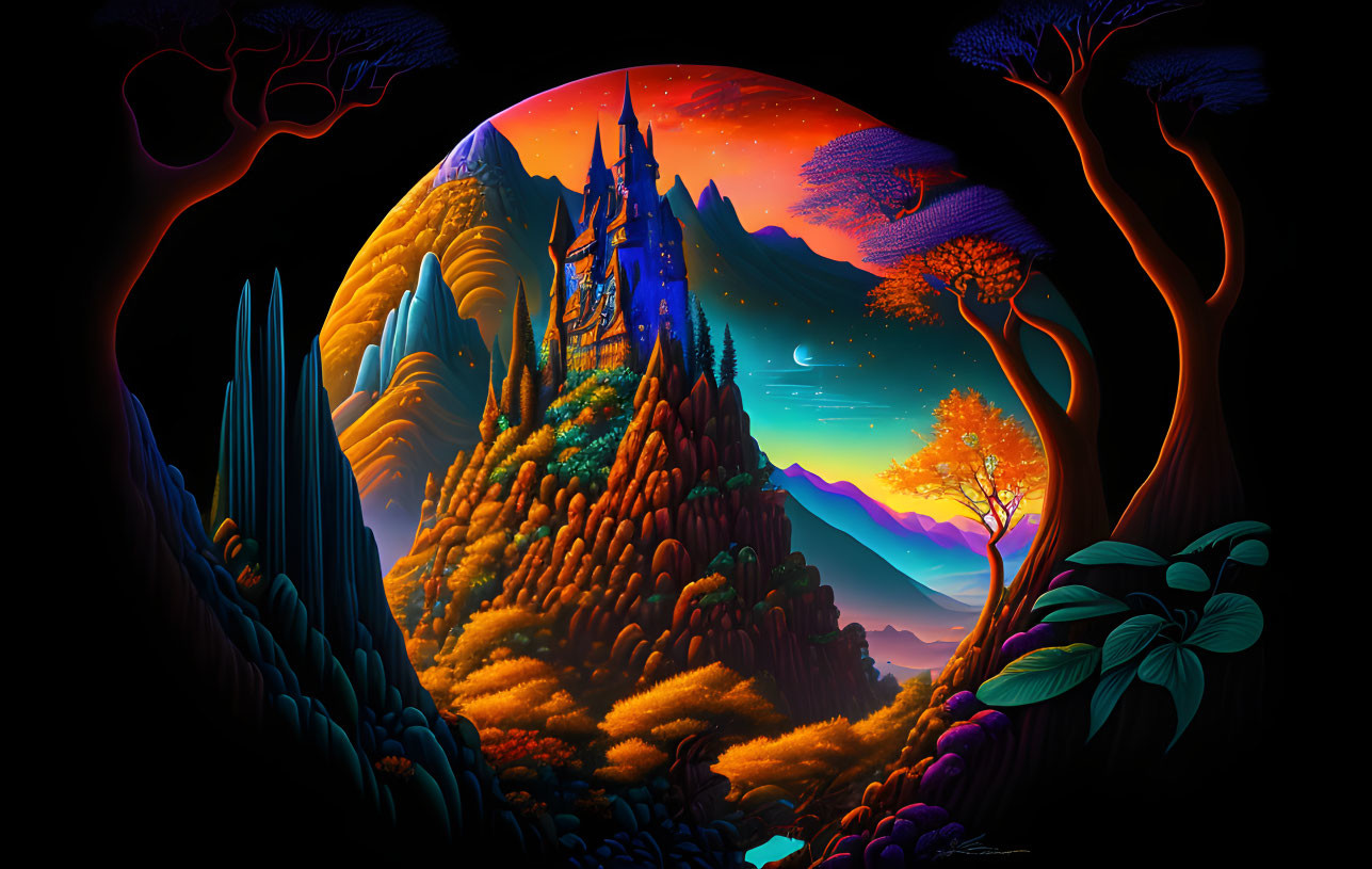 Fantasy landscape: Castle on mountain under starry sky