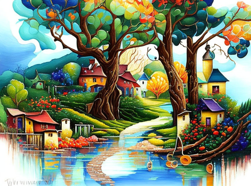 Colorful landscape painting with trees, houses, river, and bridge in whimsical style