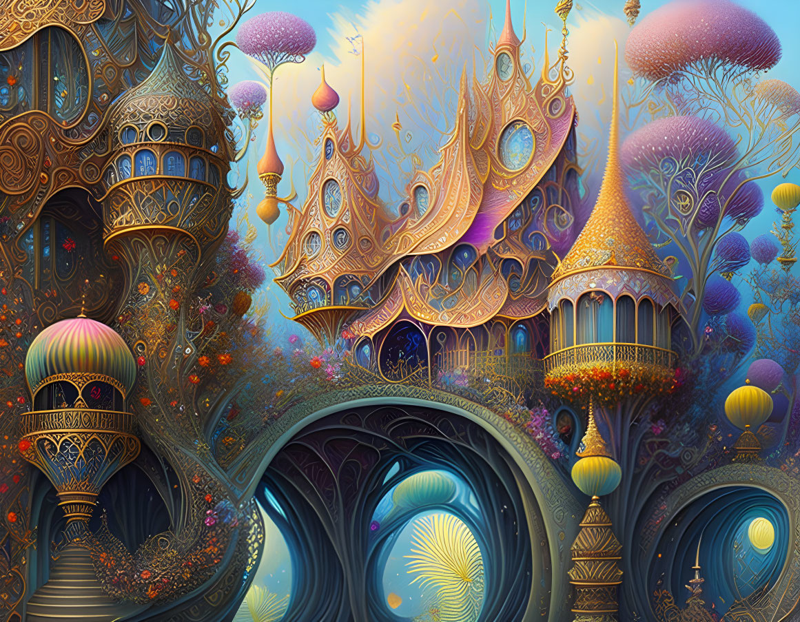 Vibrant artwork of whimsical architecture and exotic plants