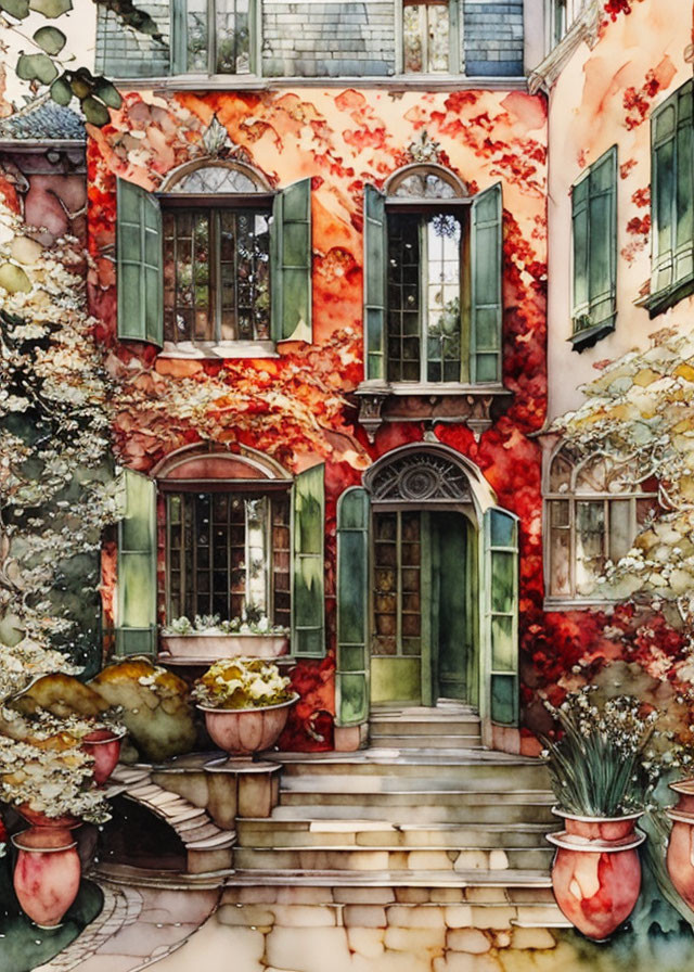 Enchanting vintage house watercolor with ivy, flowers, green shutters, stone staircase.