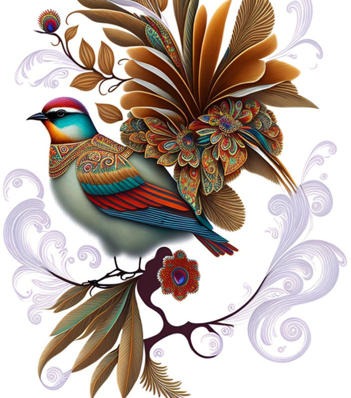 Colorful bird digital artwork with ornate feathers on branch.