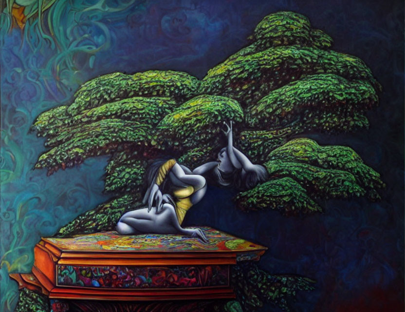 Surreal painting of person levitating above ornate chest and green trees