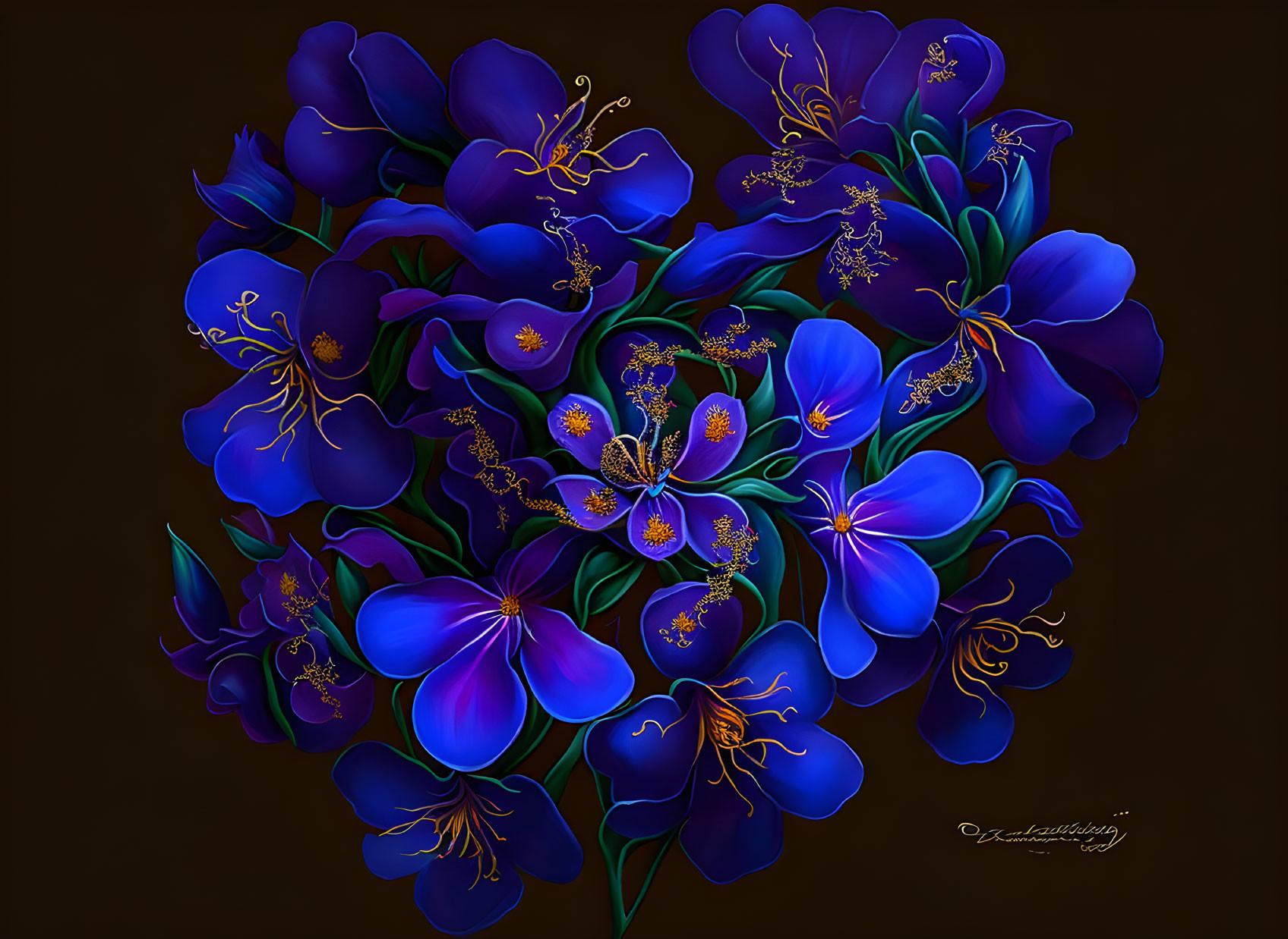 Vibrant blue-purple flowers with yellow stamens on dark brown background