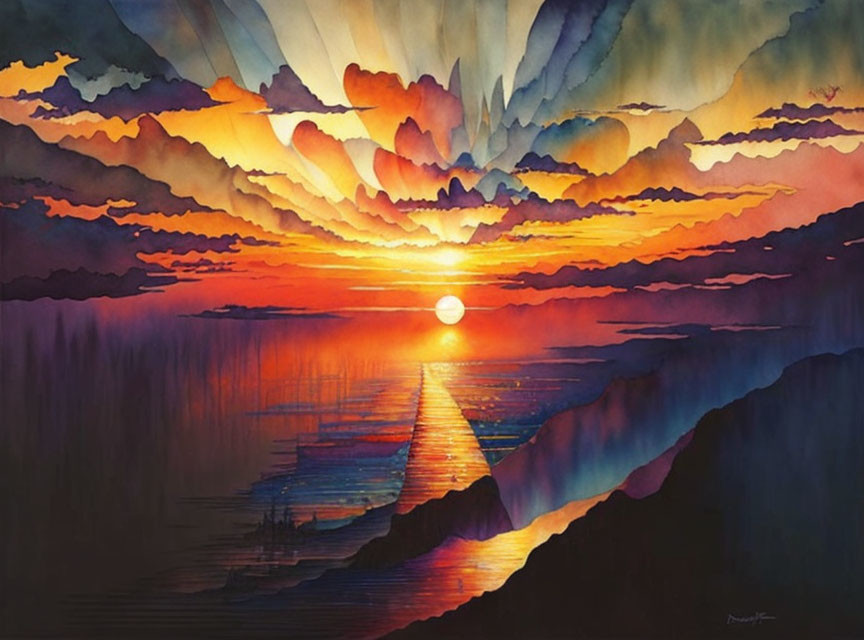 Vibrant Watercolor Sunset with Layered Clouds Reflecting on Tranquil Water