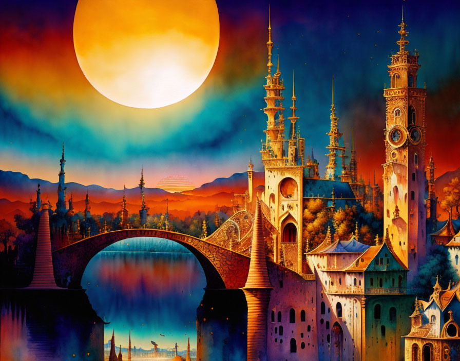 Fantastical landscape with oversized sun, castles, spires, bridge, and reflective water in