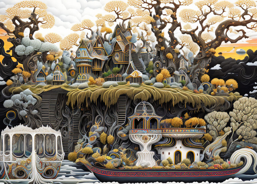 Fantasy Landscape with Treehouse Village in Autumn Setting