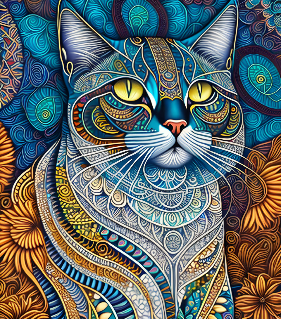 Colorful Stylized Cat Artwork with Detailed Patterns and Textured Background