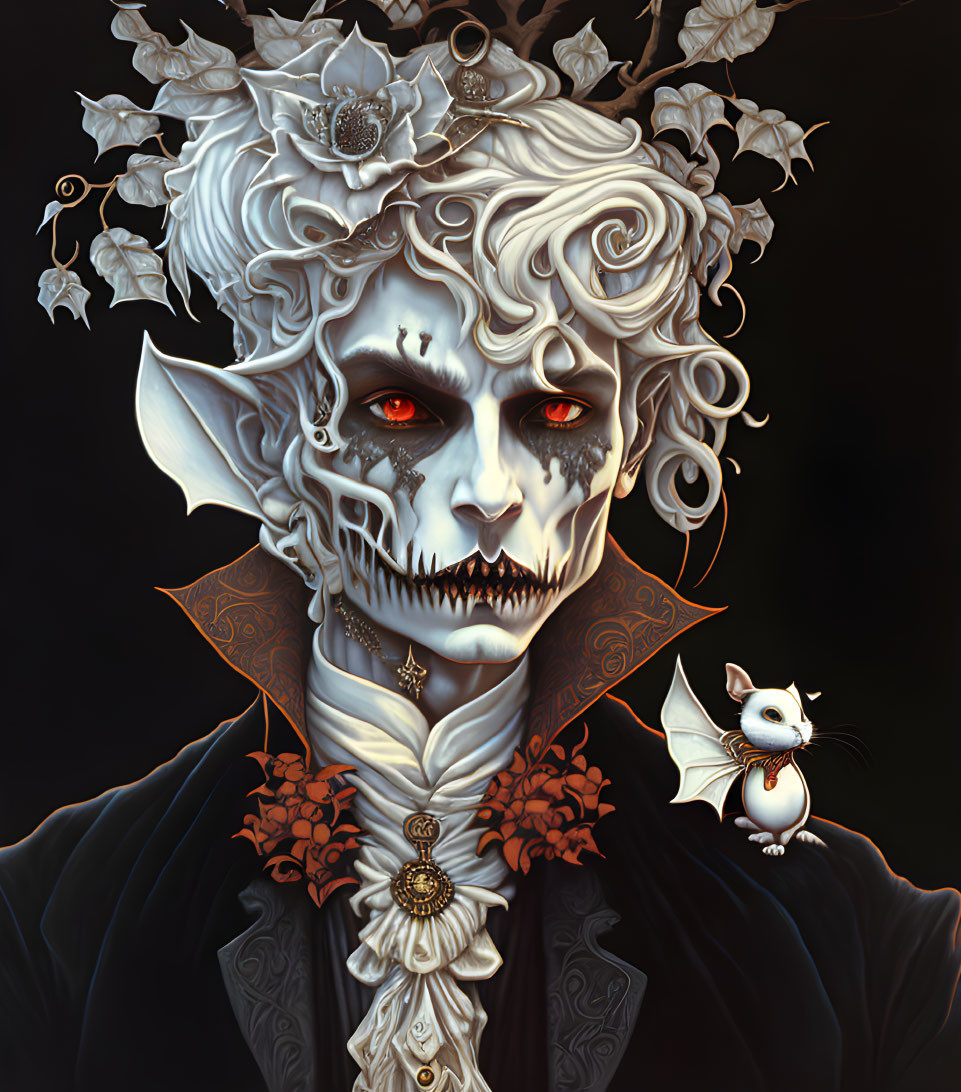 Pale vampire-like character with pointed ears and red eyes in elaborate attire with a small white bat