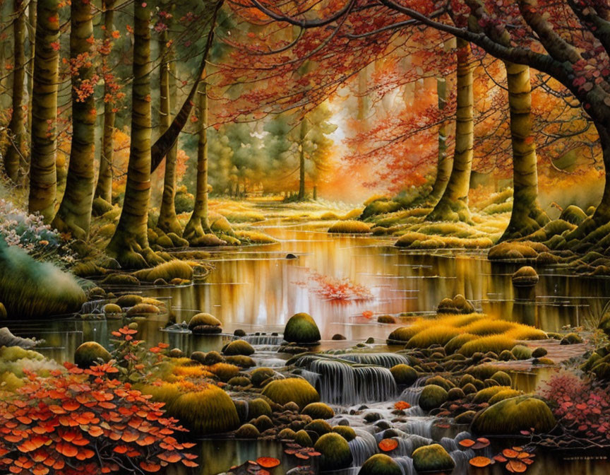 Vibrant autumn forest with stream, waterfall, and moss-covered stones