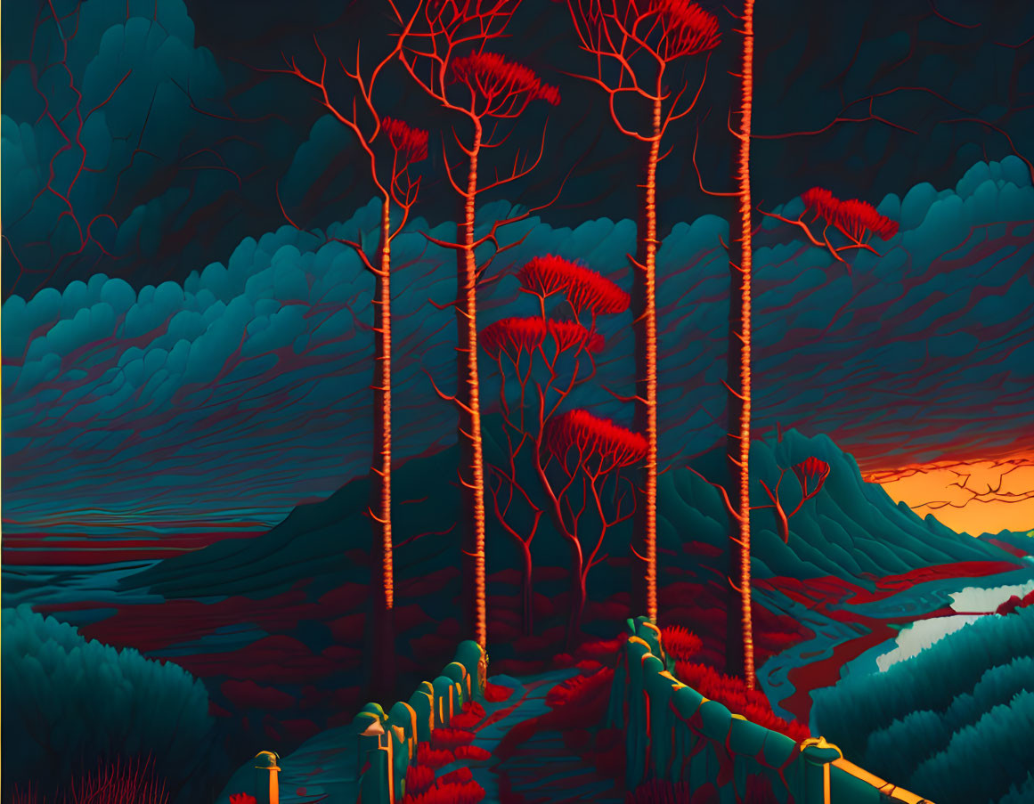 Vibrant surreal landscape with red trees, flowing river, and mountain backdrop