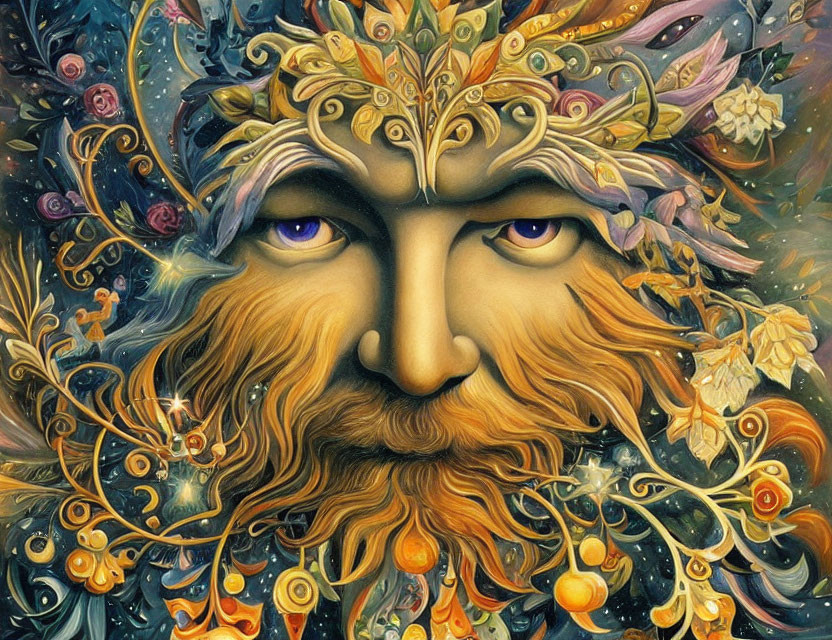 Colorful illustration of mythical forest entity with foliage, flowers, and fruit in hair and beard