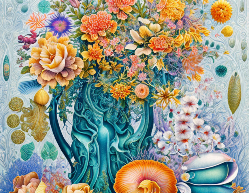 Colorful and intricate bouquet illustration on detailed blue backdrop