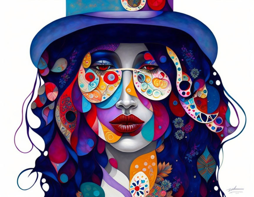 Colorful Woman with Hat in Intricate Patterns on White Background