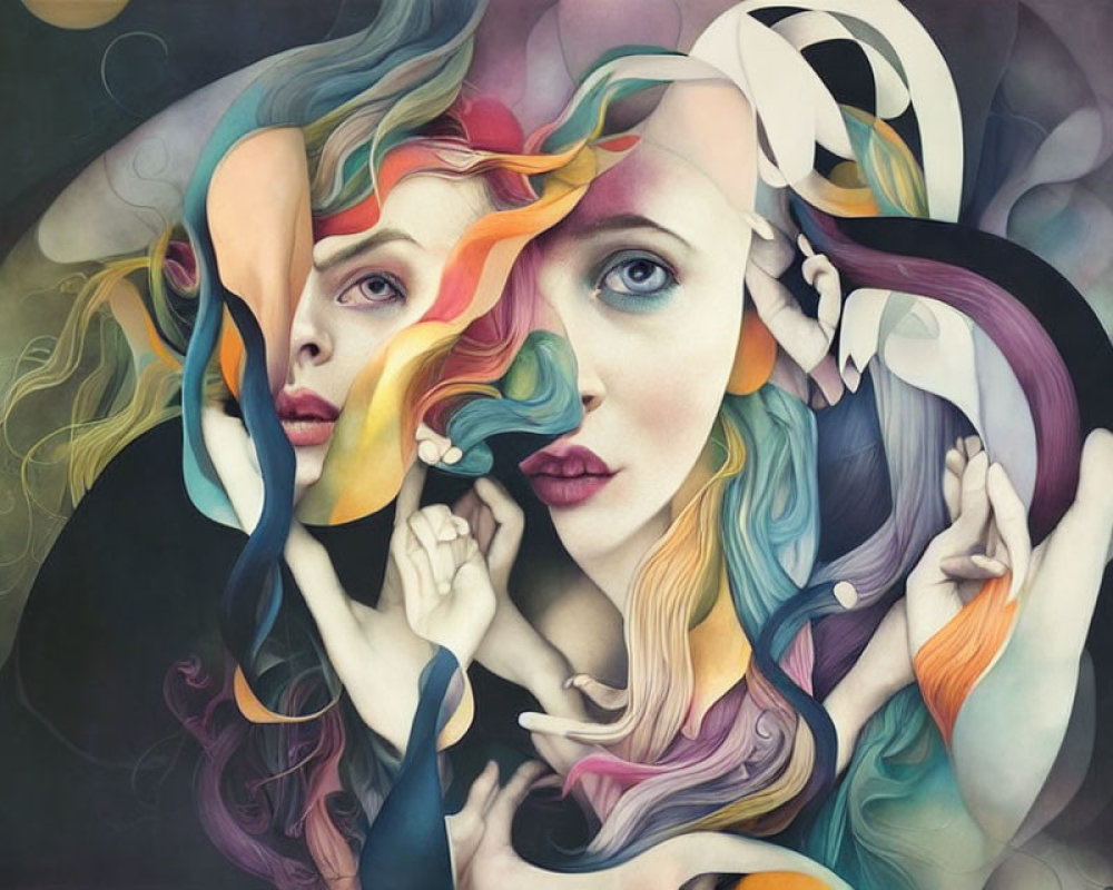 Surreal artwork: Two female faces with colorful ribbons in dreamlike setting