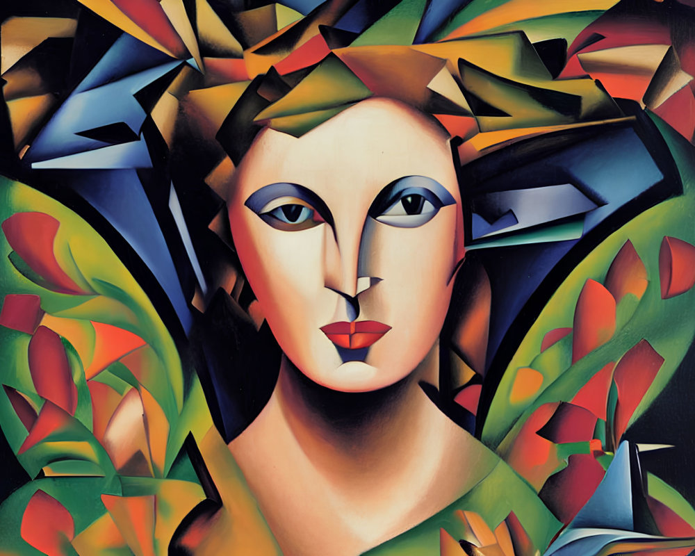 Colorful Abstract Cubist Portrait with Geometric Shapes and Leaf Patterns