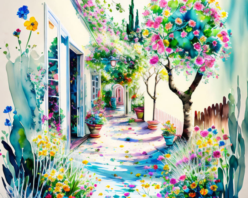 Colorful Watercolor Painting of Whimsical Garden Path