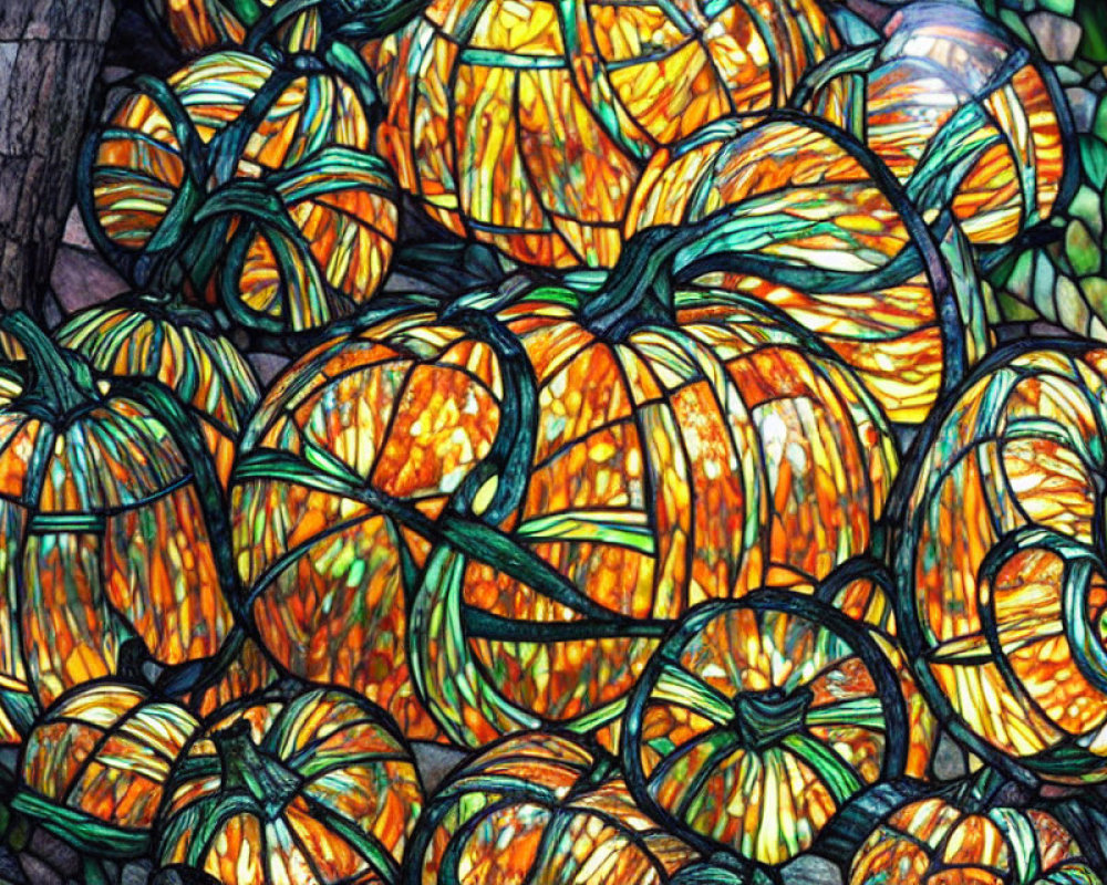 Colorful Stained Glass Artwork of Pumpkins with Lighting Effects