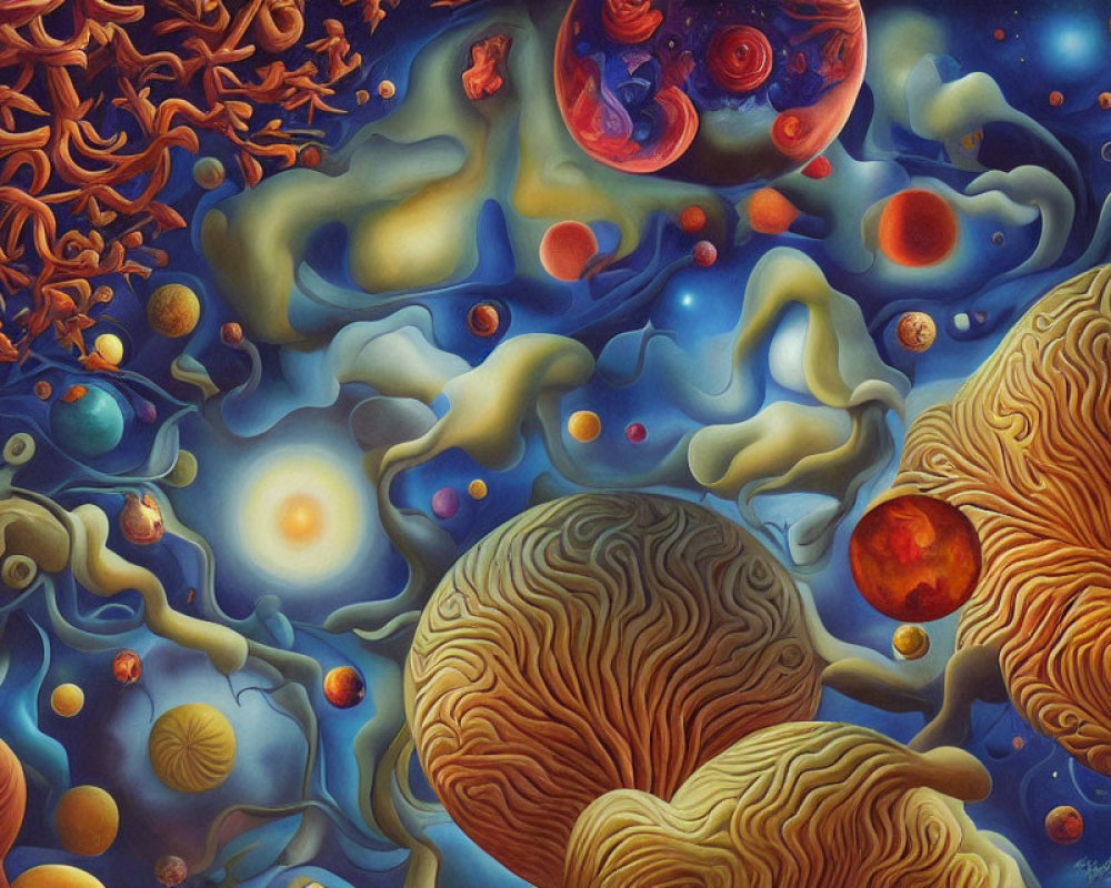 Vibrant surreal painting of organic cosmic landscape