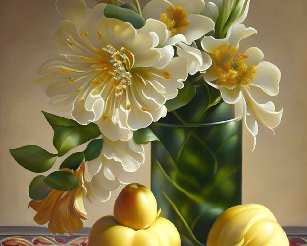 Creamy white flowers and yellow quinces in green vase on warm-toned backdrop