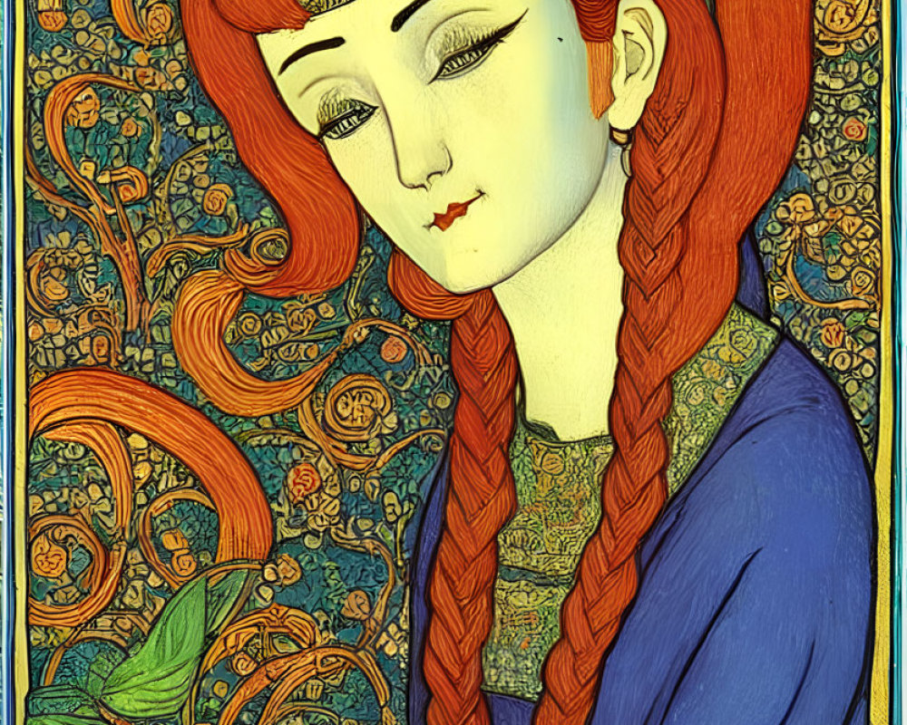 Art Nouveau style illustration of woman with red braided hair in regal headdress