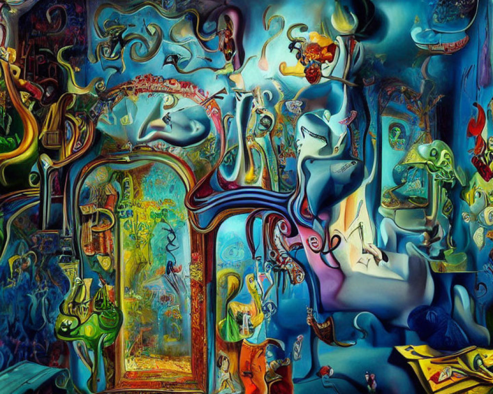 Colorful surreal painting with distorted shapes and faces in abstract scene