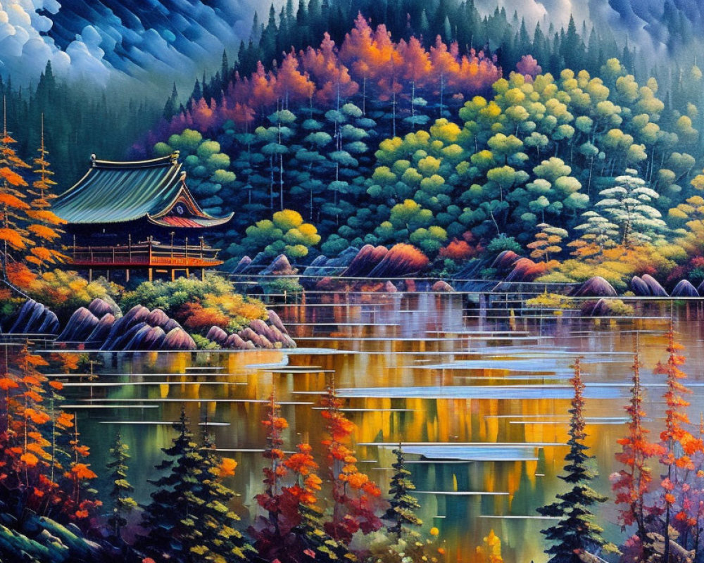 Autumnal scene with traditional pavilion by calm lake.